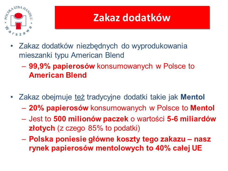 Zakaz dodatków Zakaz dodatków niezbędnych do wyprodukowania mieszanki typu American Blend. 99,9% papierosów konsumowanych w Polsce to American Blend.