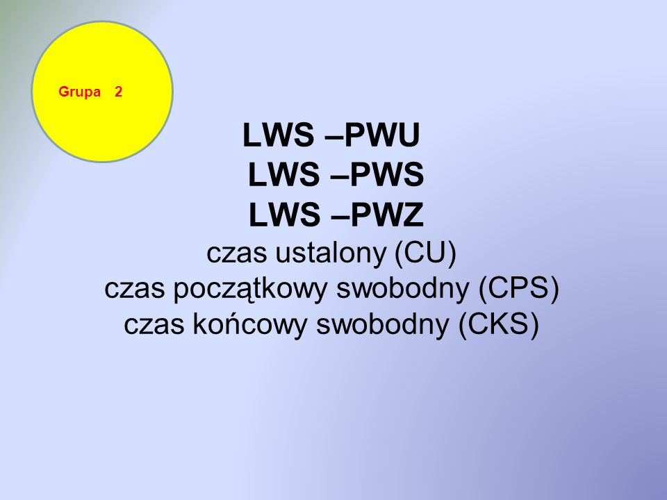 Grupa 2 LWS –PWU LWS –PWS LWS –PWZ czas ustalony (CU) czas początkowy swobodny (CPS) czas końcowy swobodny (CKS)