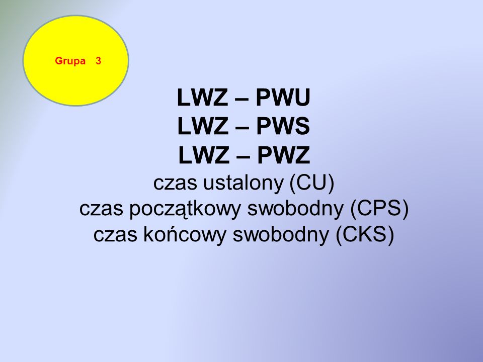Grupa 3 LWZ – PWU LWZ – PWS LWZ – PWZ czas ustalony (CU) czas początkowy swobodny (CPS) czas końcowy swobodny (CKS)