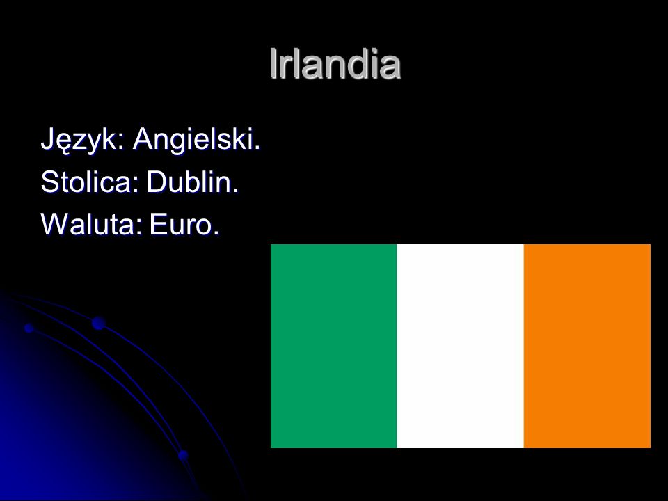 Irlandia Język: Angielski. Stolica: Dublin. Waluta: Euro.