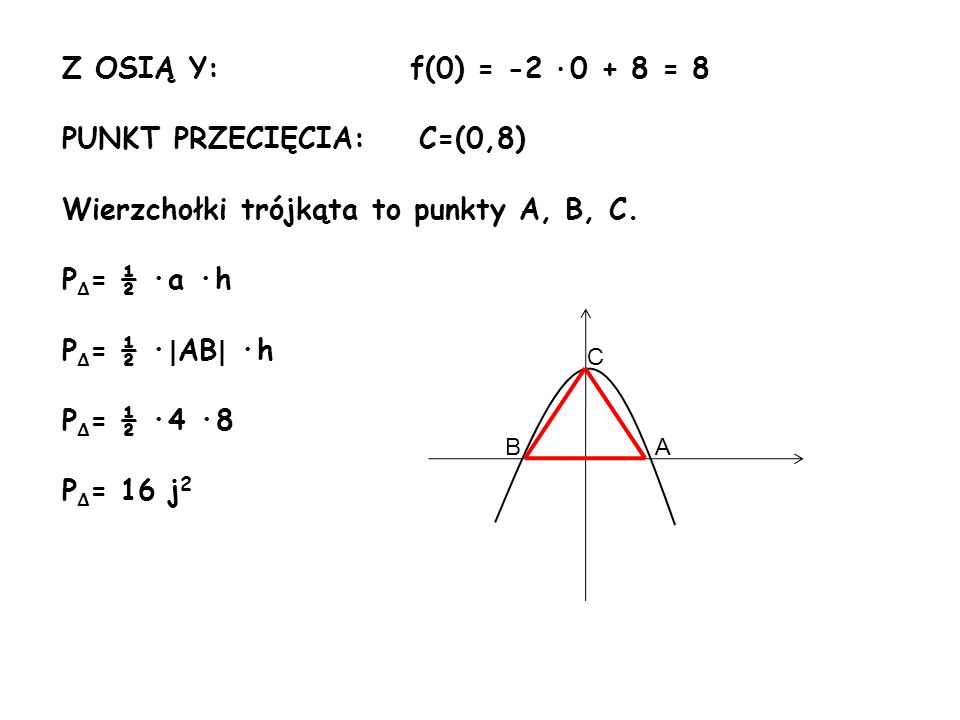 PUNKT PRZECIĘCIA: C=(0,8) Wierzchołki trójkąta to punkty A, B, C.