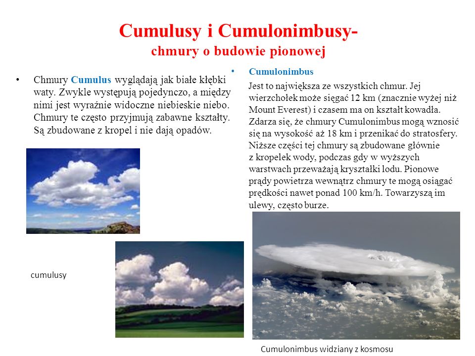 Cumulusy i Cumulonimbusy- chmury o budowie pionowej