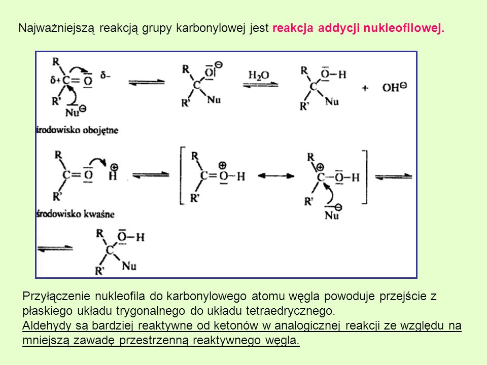 Najważniejszą reakcją grupy karbonylowej jest reakcja addycji nukleofilowej.