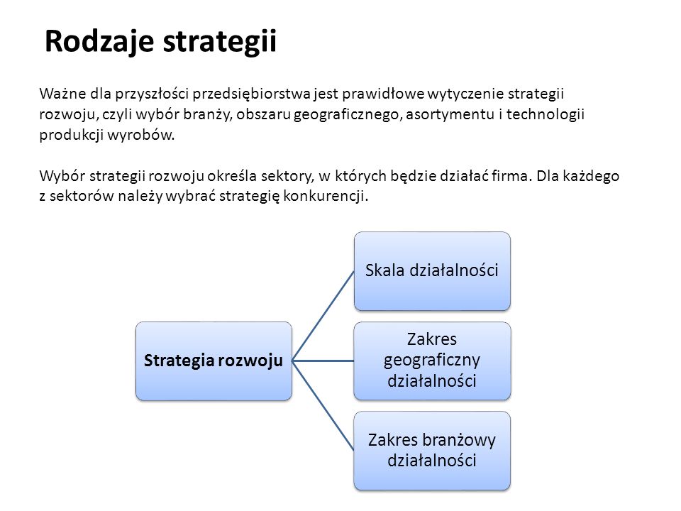 Rodzaje strategii Strategia rozwoju Skala działalności