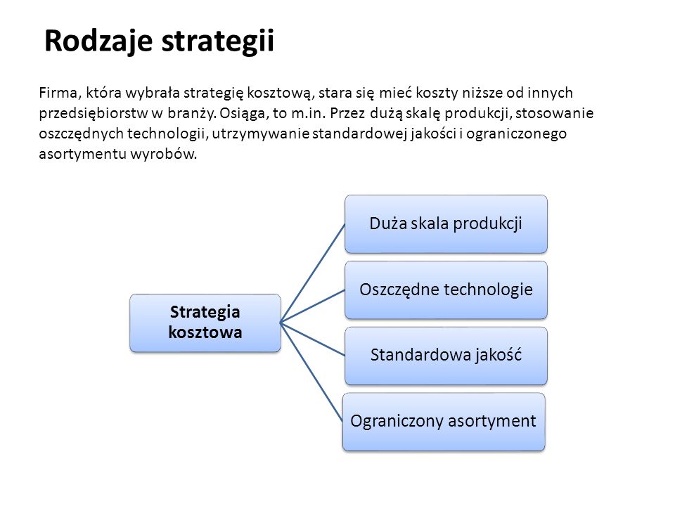 Rodzaje strategii Strategia kosztowa Duża skala produkcji