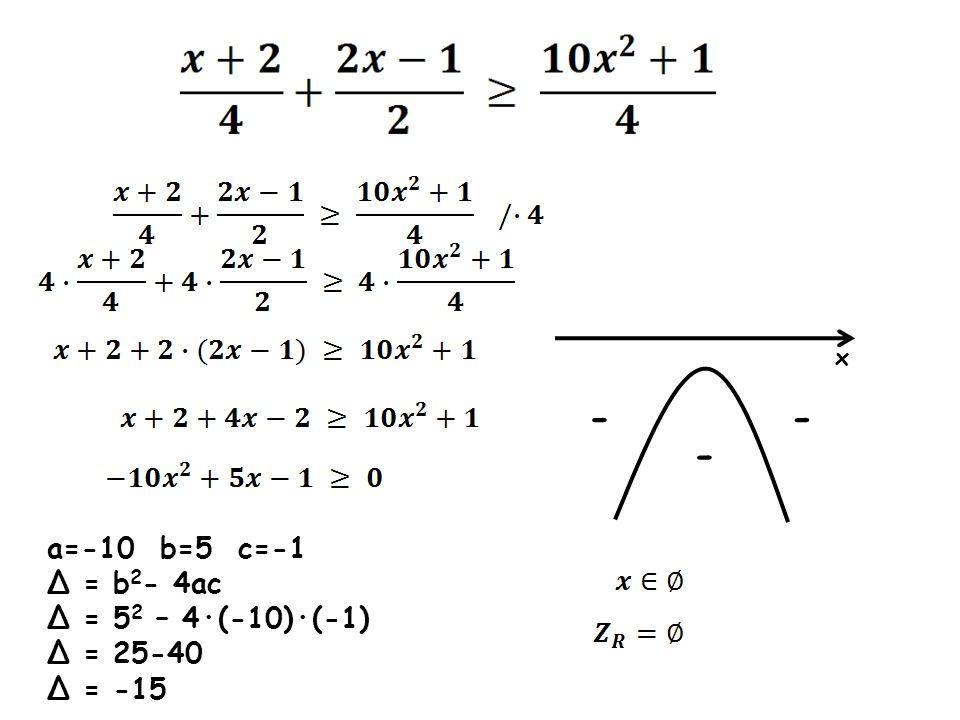 - - - a=-10 b=5 c=-1 Δ = b2- 4ac Δ = 52 – 4·(-10)·(-1) Δ = 25-40