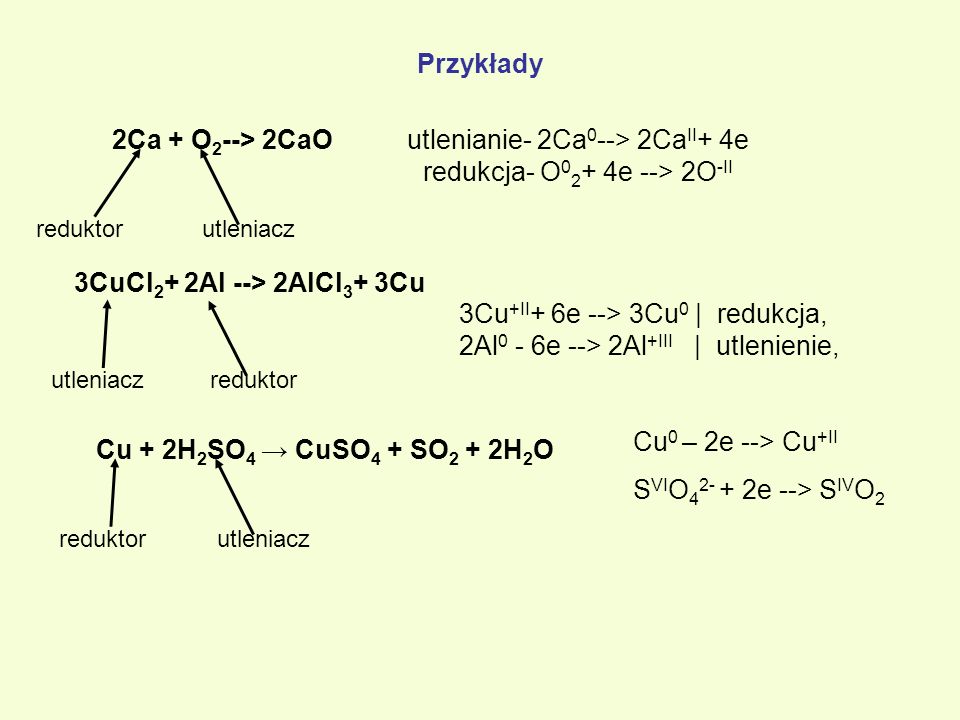 utlenianie- 2Ca0--> 2CaII+ 4e redukcja- O02+ 4e --> 2O-II