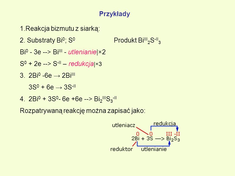 Przykłady 1.Reakcja bizmutu z siarką: 2. Substraty Bi0; S0 Produkt BiIII2S-II3. Bi0 - 3e --> BiIII - utlenianie|×2.