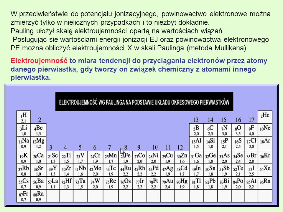 W przeciwieństwie do potencjału jonizacyjnego, powinowactwo elektronowe można zmierzyć tylko w nielicznych przypadkach i to niezbyt dokładnie. Pauling ułożył skalę elektroujemności opartą na wartościach wiązań. Posługując się wartościami energii jonizacji EJ oraz powinowactwa elektronowego PE można obliczyć elektroujemności X w skali Paulinga (metoda Mullikena)