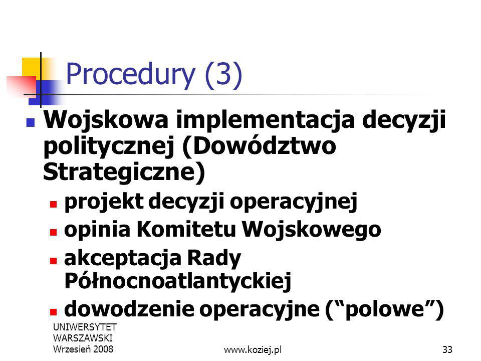 Procedury (3) Wojskowa implementacja decyzji politycznej (Dowództwo Strategiczne) projekt decyzji operacyjnej.