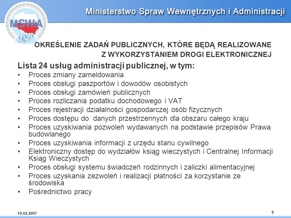Lista 24 usług administracji publicznej, w tym:
