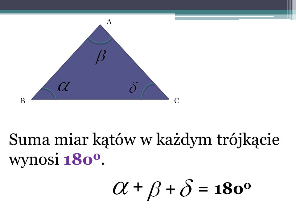 Suma miar kątów w każdym trójkącie wynosi 18o0.