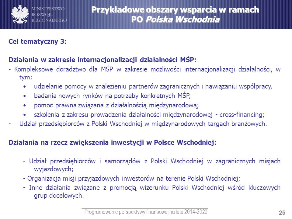 Przykładowe obszary wsparcia w ramach PO Polska Wschodnia