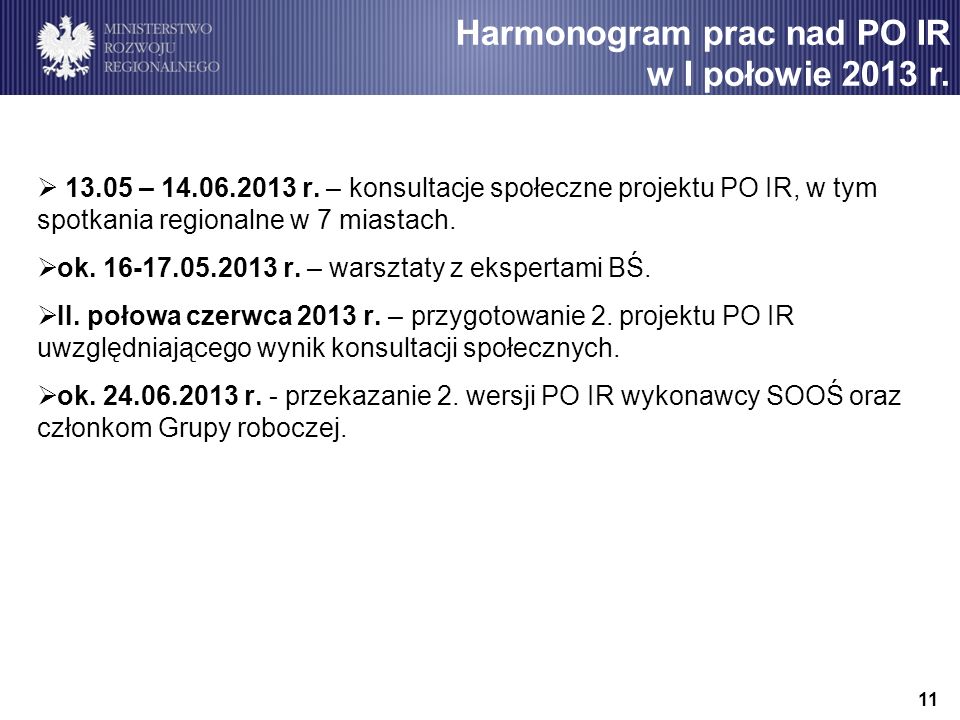 Harmonogram prac nad PO IR w I połowie 2013 r.