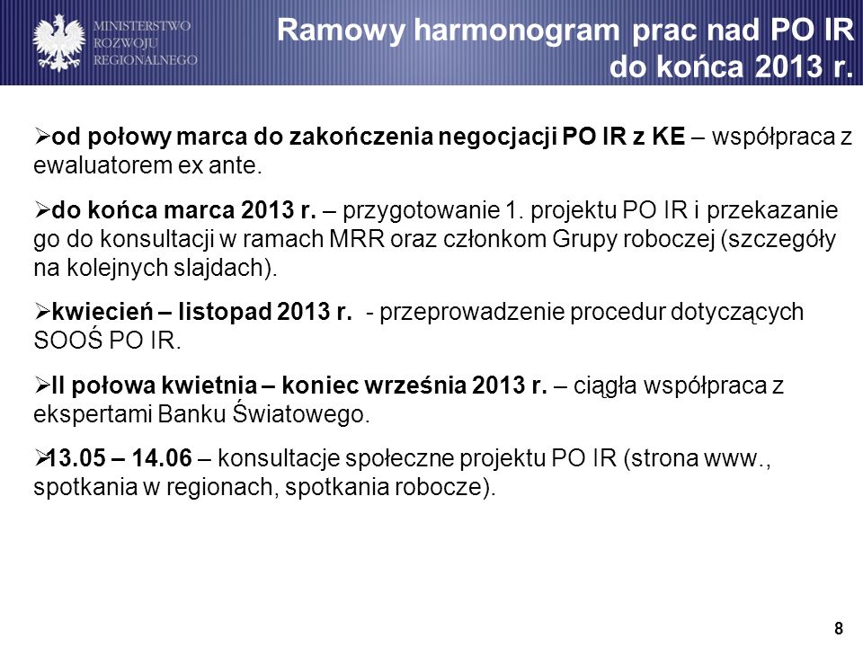 Ramowy harmonogram prac nad PO IR do końca 2013 r.