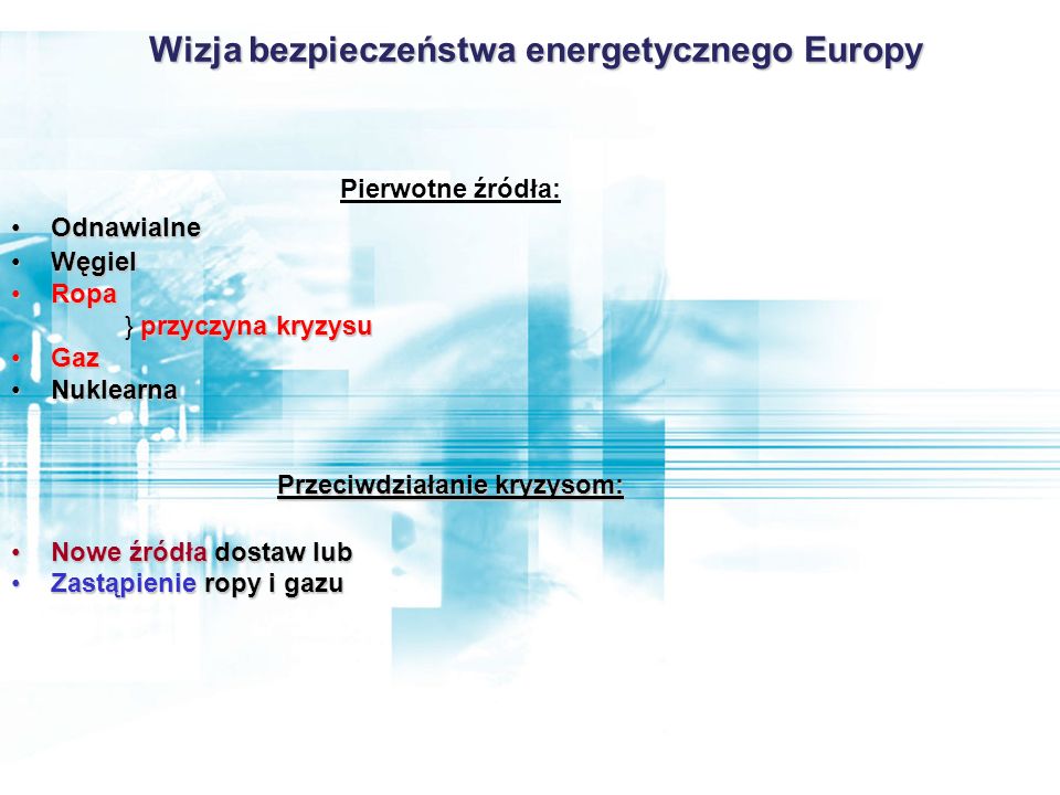 Wizja bezpieczeństwa energetycznego Europy Przeciwdziałanie kryzysom: