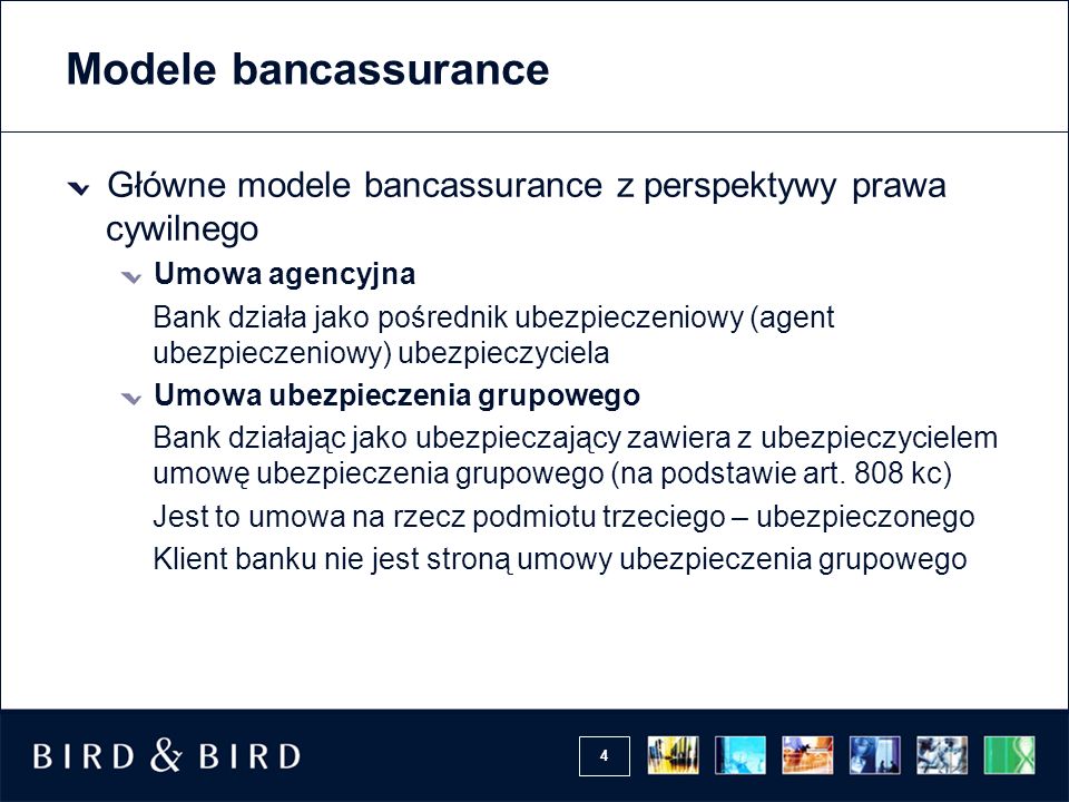 Modele bancassurance Główne modele bancassurance z perspektywy prawa cywilnego. Umowa agencyjna.