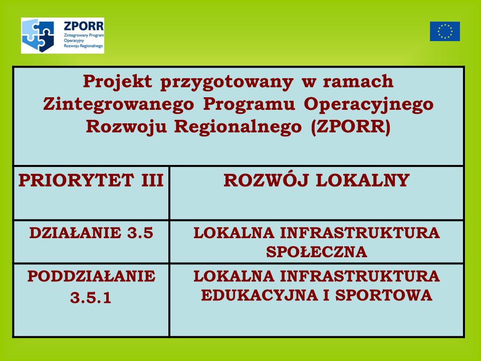 Projekt przygotowany w ramach Zintegrowanego Programu Operacyjnego Rozwoju Regionalnego (ZPORR)