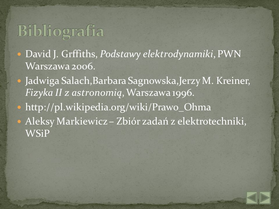 Bibliografia David J. Grffiths, Podstawy elektrodynamiki, PWN Warszawa