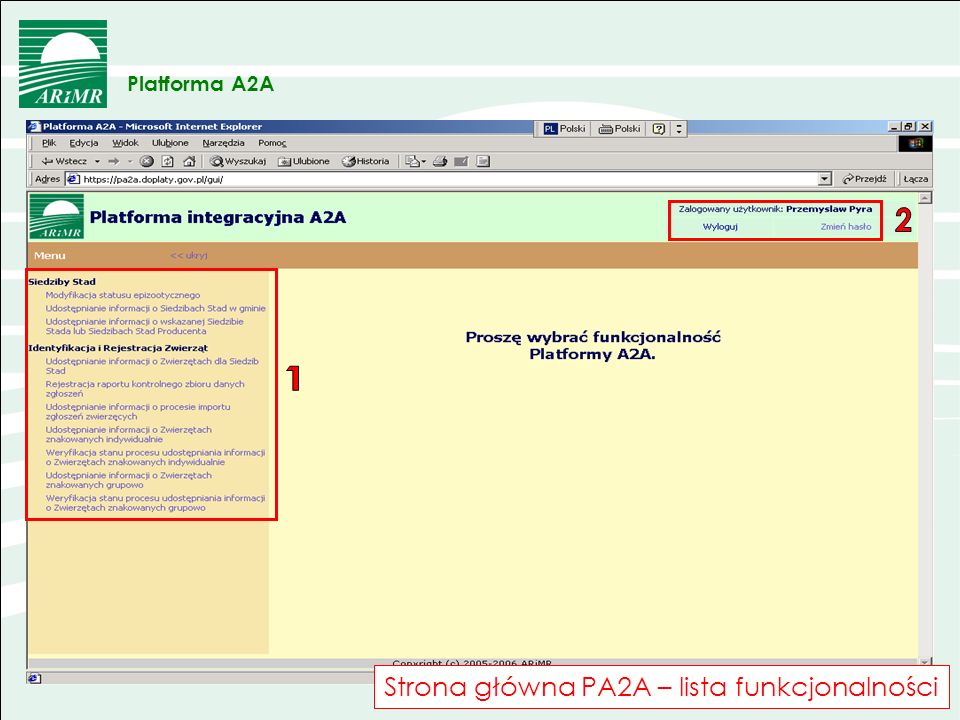 Strona główna PA2A – lista funkcjonalności
