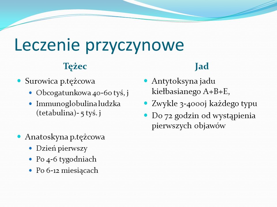 Leczenie przyczynowe Tężec Jad Surowica p.tężcowa Anatoskyna p.tężcowa