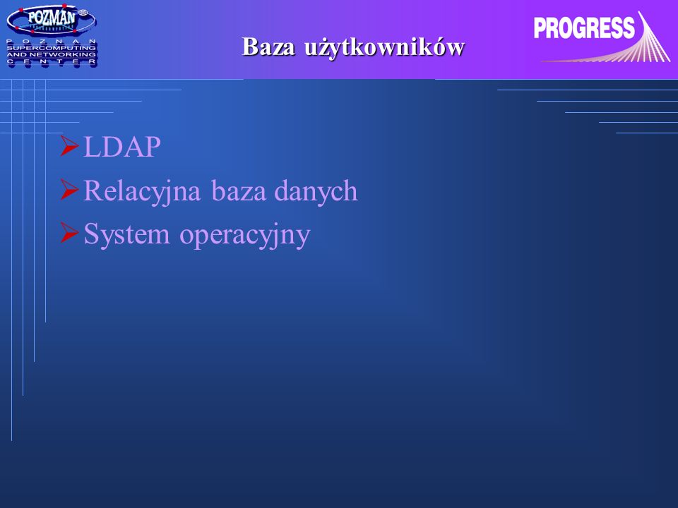 Baza użytkowników LDAP Relacyjna baza danych System operacyjny