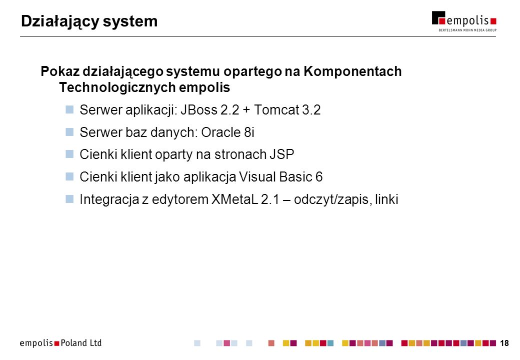 Działający system Pokaz działającego systemu opartego na Komponentach Technologicznych empolis. Serwer aplikacji: JBoss Tomcat 3.2.