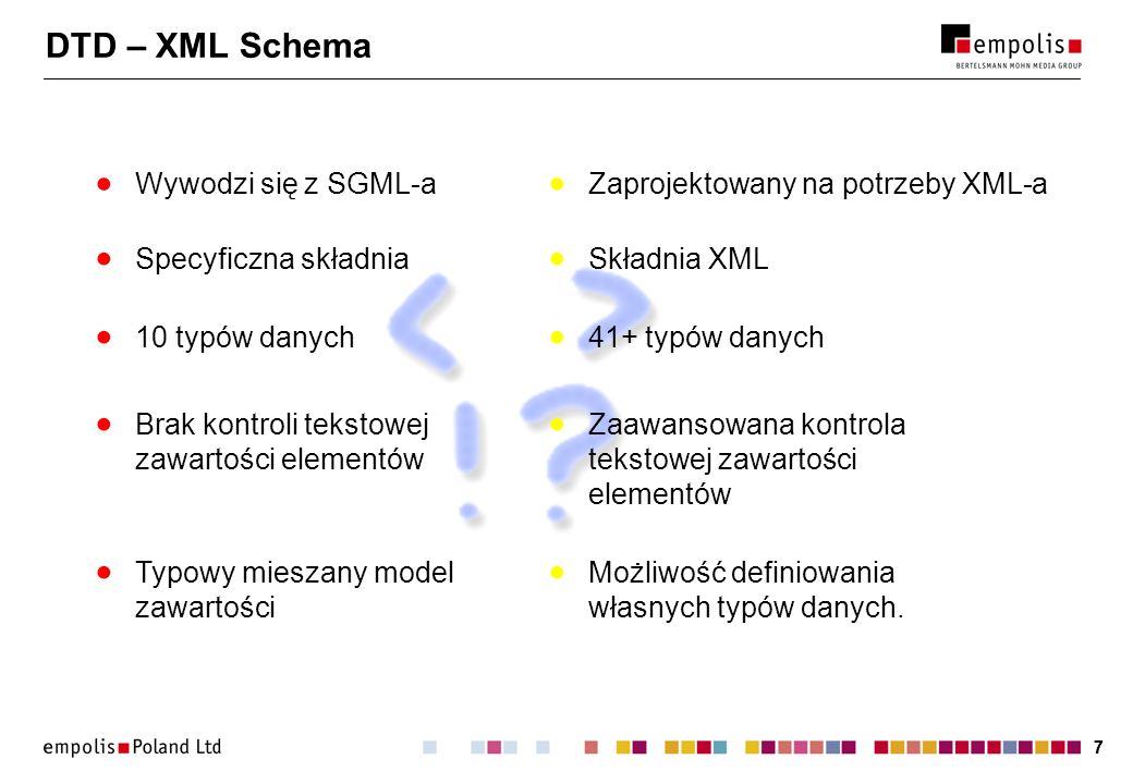 DTD – XML Schema Wywodzi się z SGML-a Zaprojektowany na potrzeby XML-a