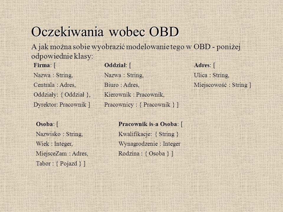 Oczekiwania wobec OBD A jak można sobie wyobrazić modelowanie tego w OBD - poniżej. odpowiednie klasy: