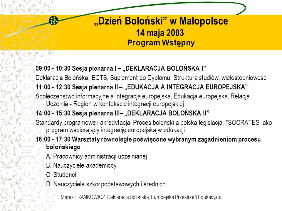 „Dzień Boloński w Małopolsce 14 maja 2003 Program Wstępny