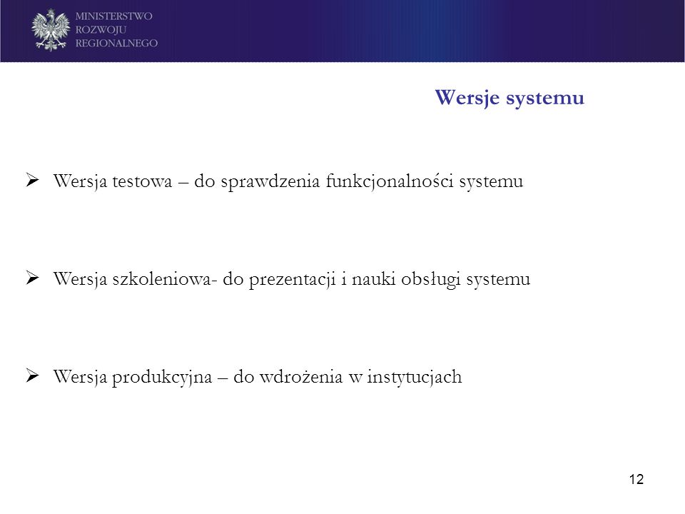 Wersje systemu Wersja testowa – do sprawdzenia funkcjonalności systemu