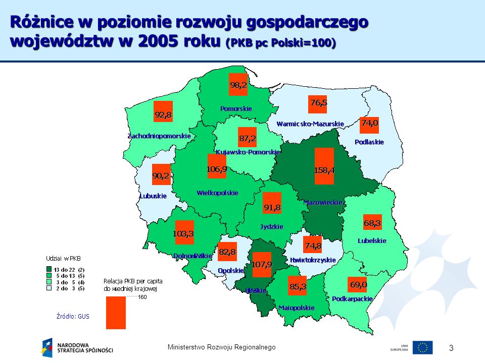 Różnice w poziomie rozwoju gospodarczego województw w 2005 roku (PKB pc Polski=100)