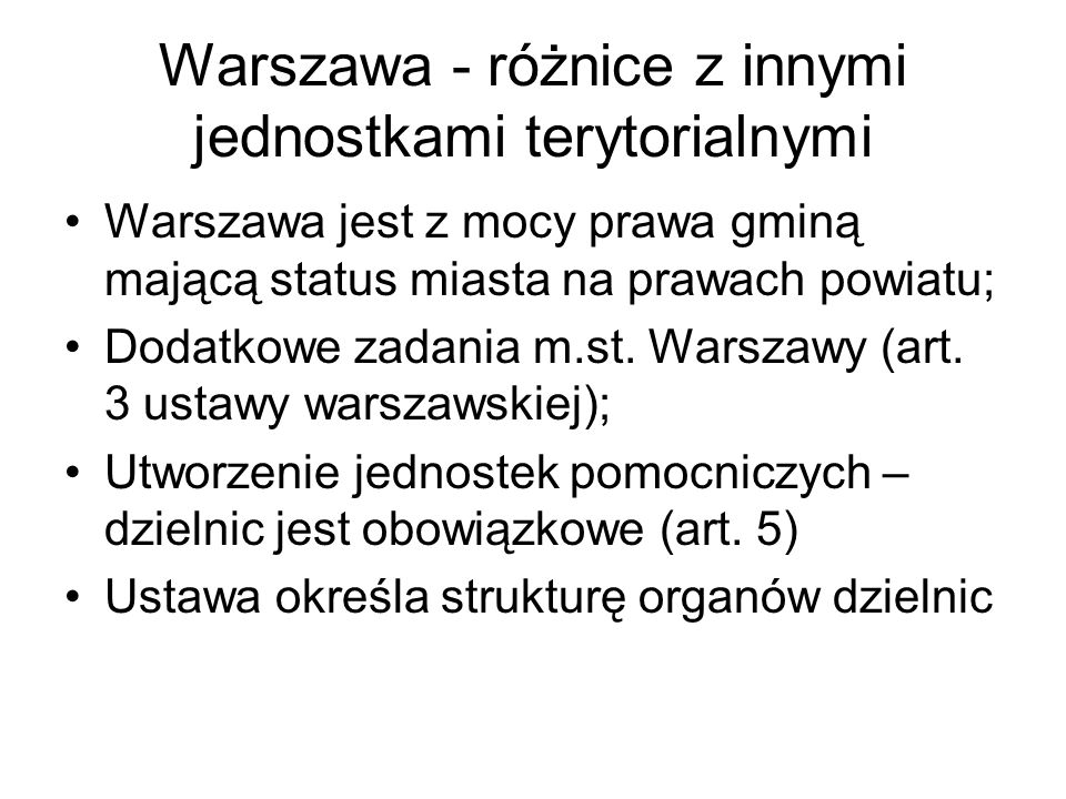 Warszawa - różnice z innymi jednostkami terytorialnymi