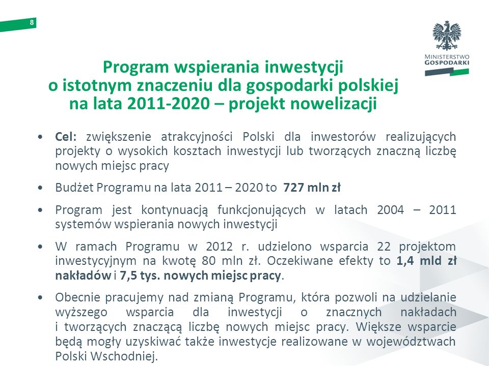 Program wspierania inwestycji o istotnym znaczeniu dla gospodarki polskiej na lata – projekt nowelizacji