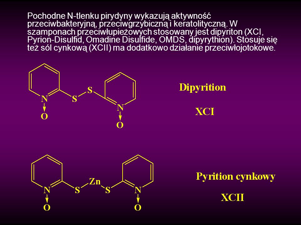 Pochodne N-tlenku pirydyny wykazują aktywność przeciwbakteryjną, przeciwgrzybiczną i keratolityczną.