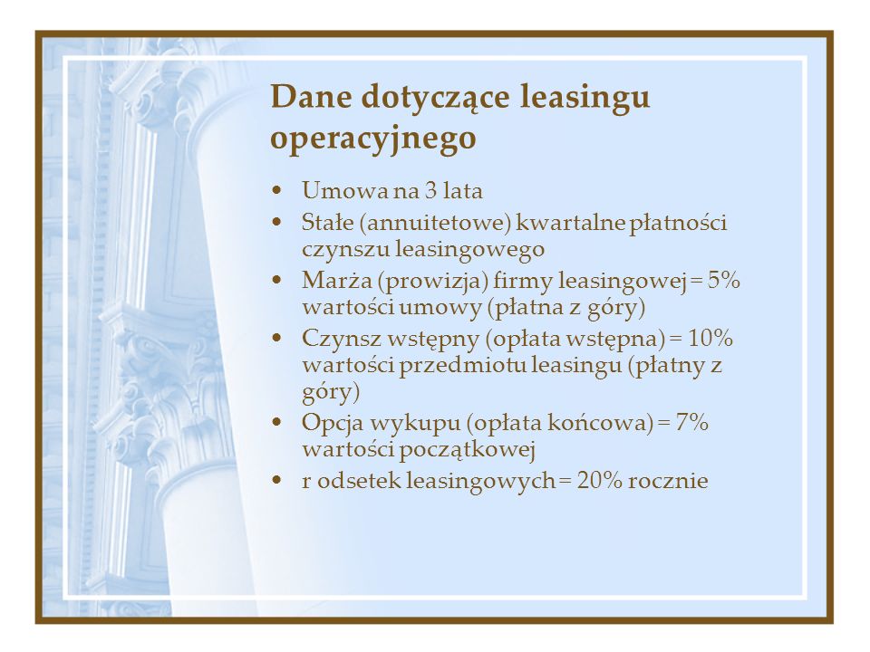Dane dotyczące leasingu operacyjnego