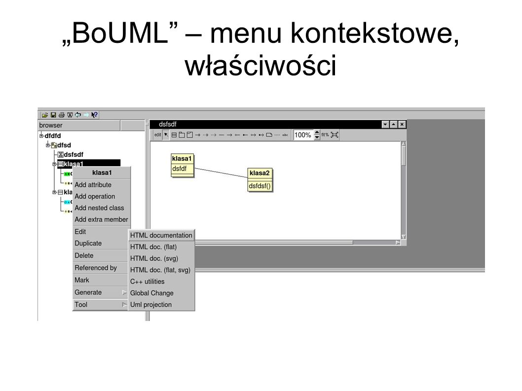 „BoUML – menu kontekstowe, właściwości