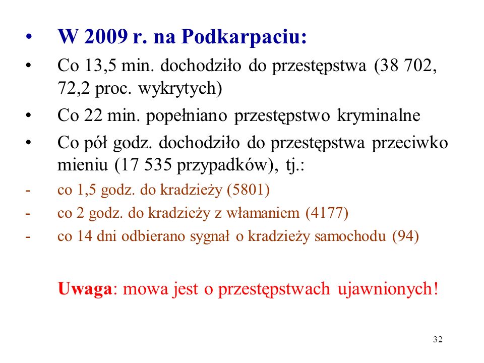 W 2009 r. na Podkarpaciu: Co 13,5 min. dochodziło do przestępstwa (38 702, 72,2 proc. wykrytych) Co 22 min. popełniano przestępstwo kryminalne.
