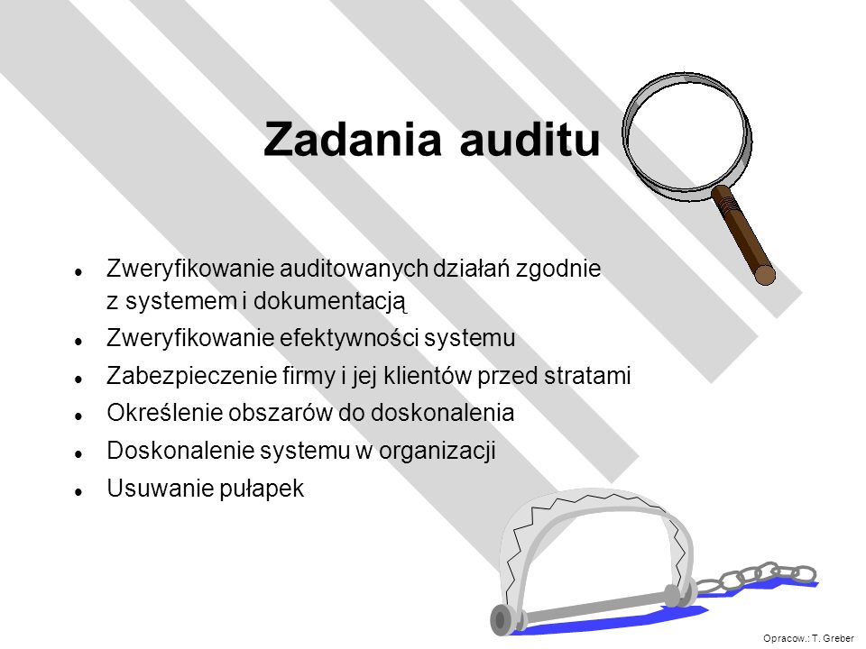 Zadania auditu Zweryfikowanie auditowanych działań zgodnie z systemem i dokumentacją. Zweryfikowanie efektywności systemu.