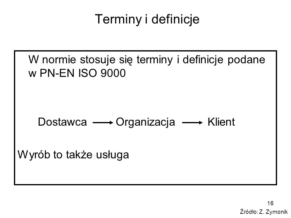 Terminy i definicje W normie stosuje się terminy i definicje podane w PN-EN ISO Dostawca Organizacja Klient.