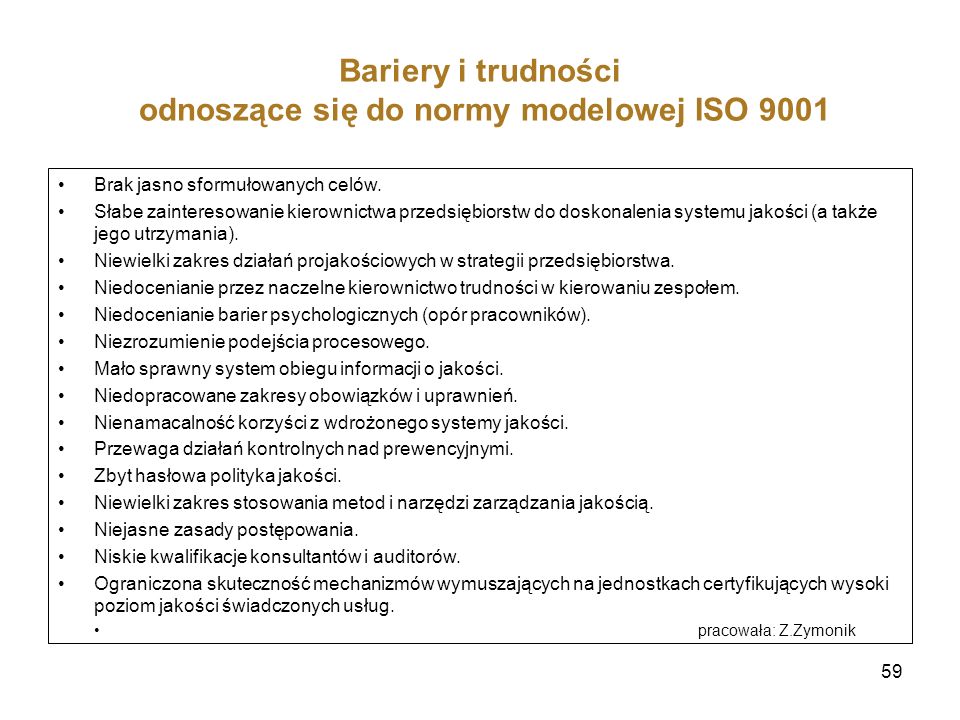 Bariery i trudności odnoszące się do normy modelowej ISO 9001