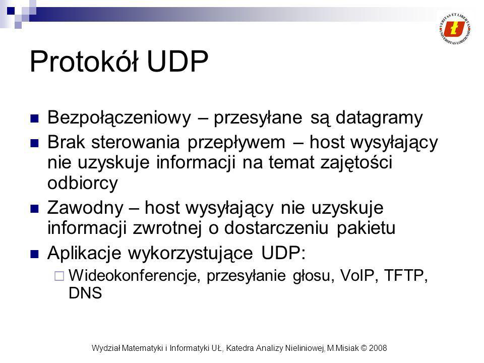 Protokół UDP Bezpołączeniowy – przesyłane są datagramy