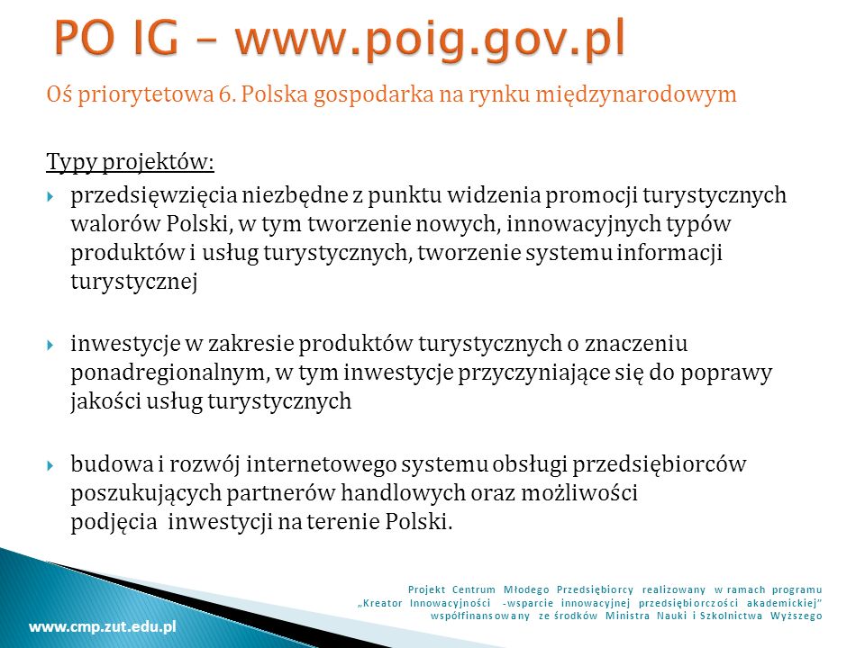 PO IG –   Oś priorytetowa 6. Polska gospodarka na rynku międzynarodowym. Typy projektów: