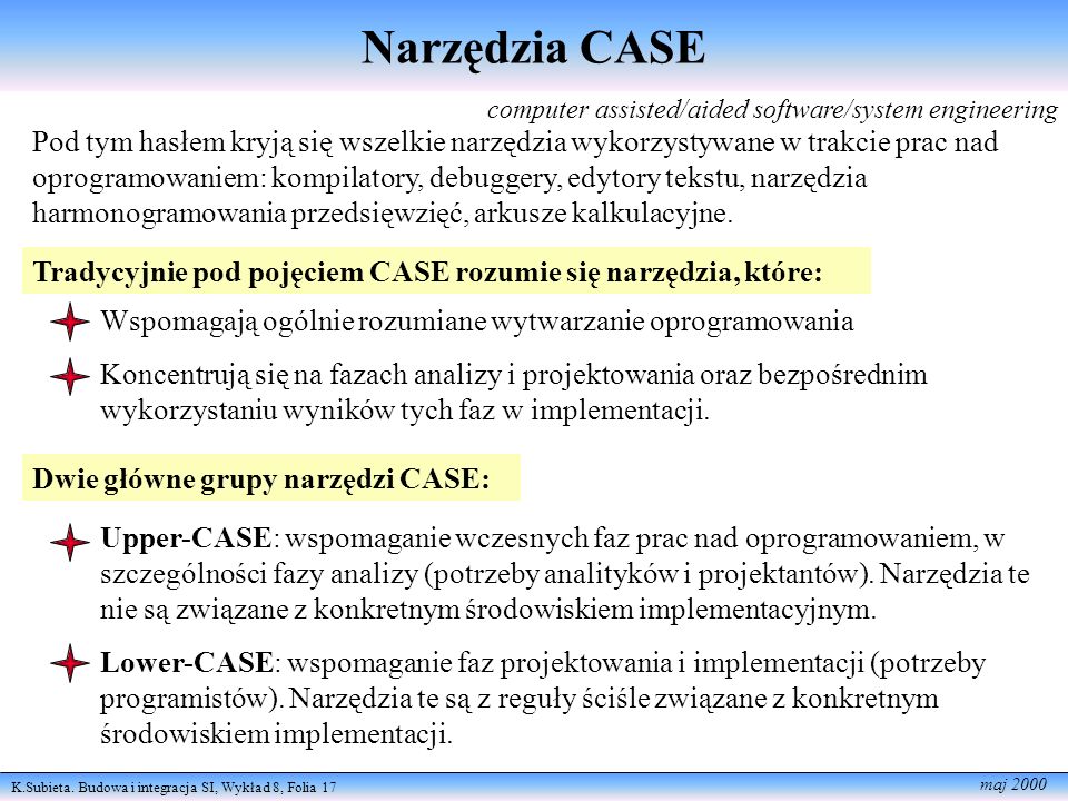 Narzędzia CASE computer assisted/aided software/system engineering.