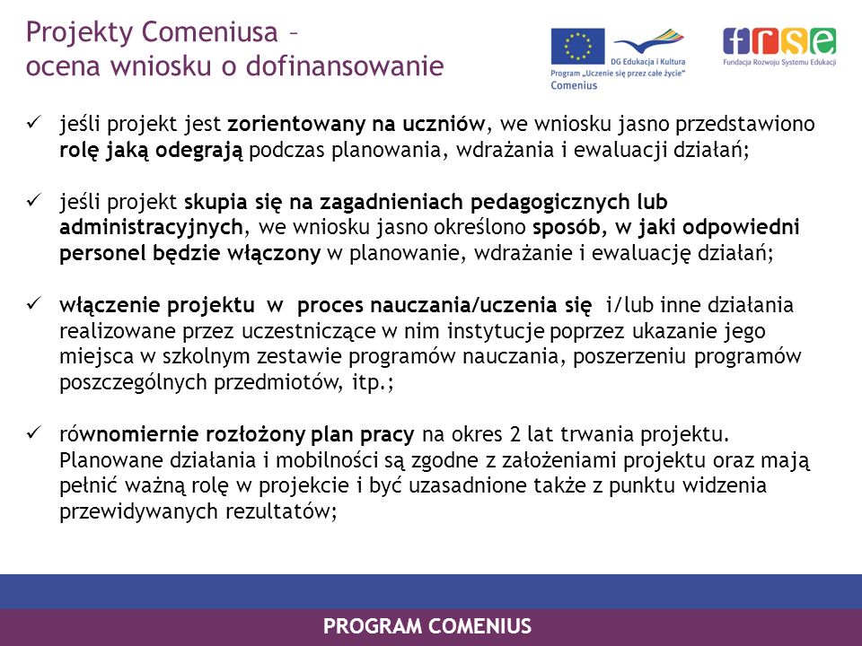 Projekty Comeniusa – ocena wniosku o dofinansowanie