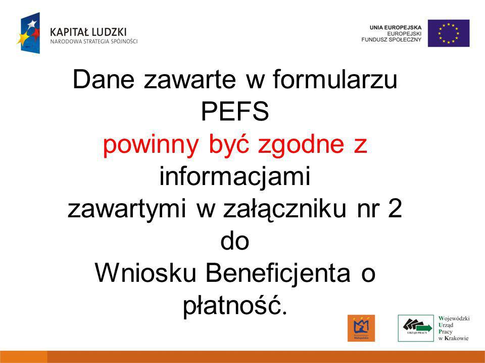 Dane zawarte w formularzu PEFS powinny być zgodne z informacjami