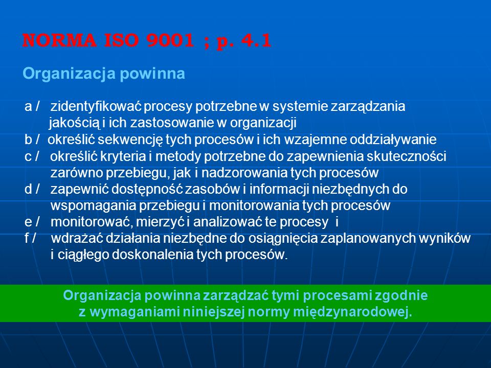 NORMA ISO 9001 ; p. 4.1 Organizacja powinna