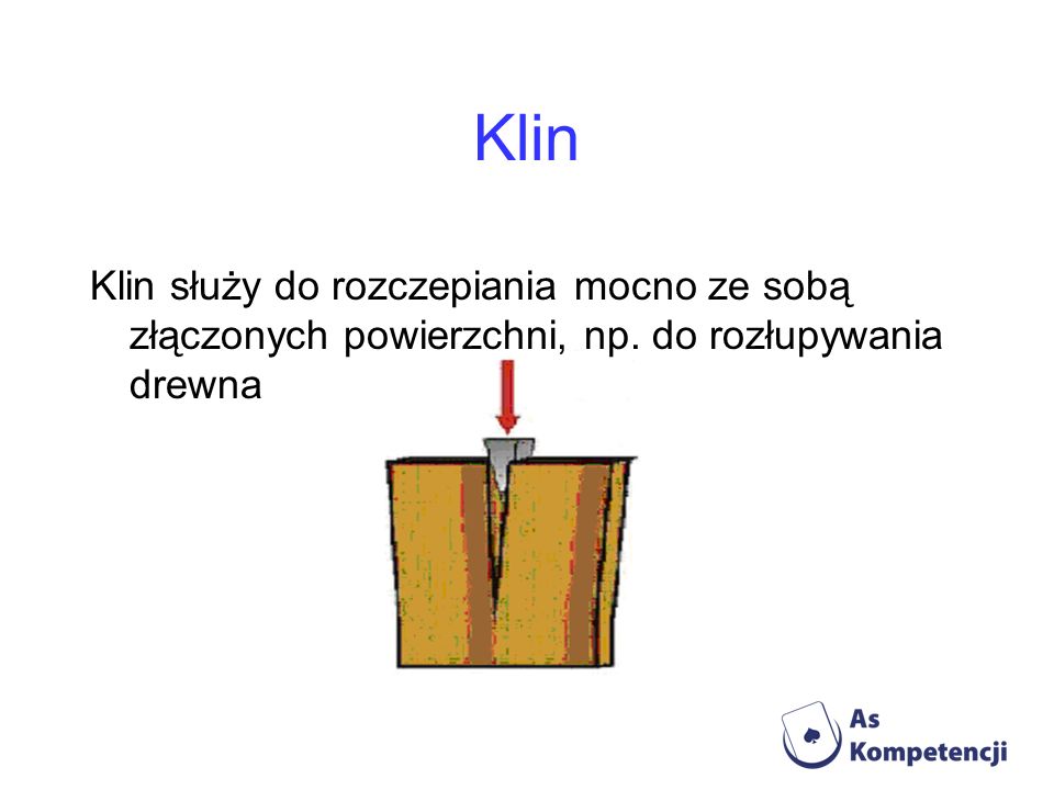 Klin Klin służy do rozczepiania mocno ze sobą złączonych powierzchni, np. do rozłupywania drewna
