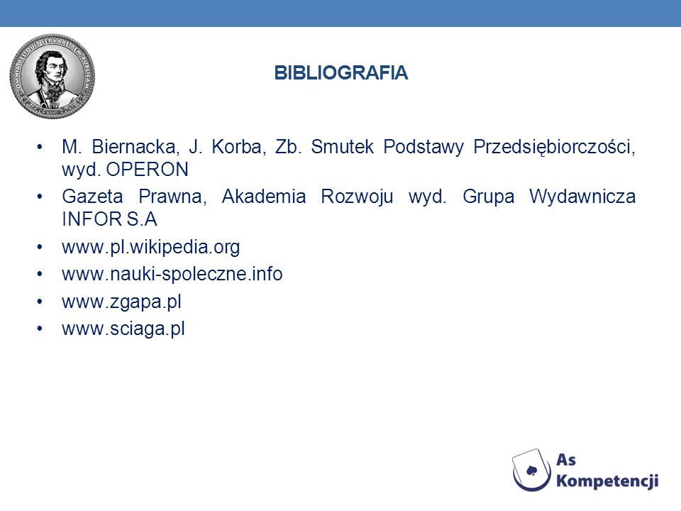 Bibliografia M. Biernacka, J. Korba, Zb. Smutek Podstawy Przedsiębiorczości, wyd. OPERON.