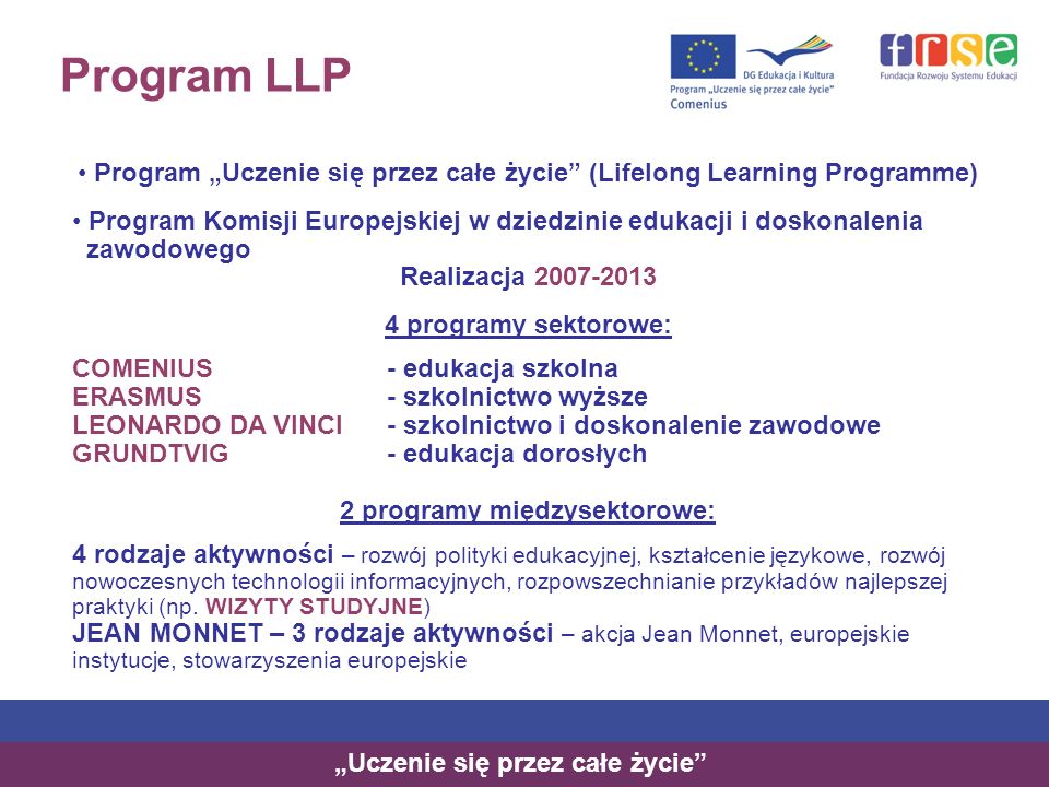 Program LLP Program „Uczenie się przez całe życie (Lifelong Learning Programme) Program Komisji Europejskiej w dziedzinie edukacji i doskonalenia.